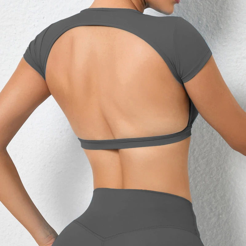 Women’s Sports Crop Top – Breathable Backless Yoga & Gym Shirt